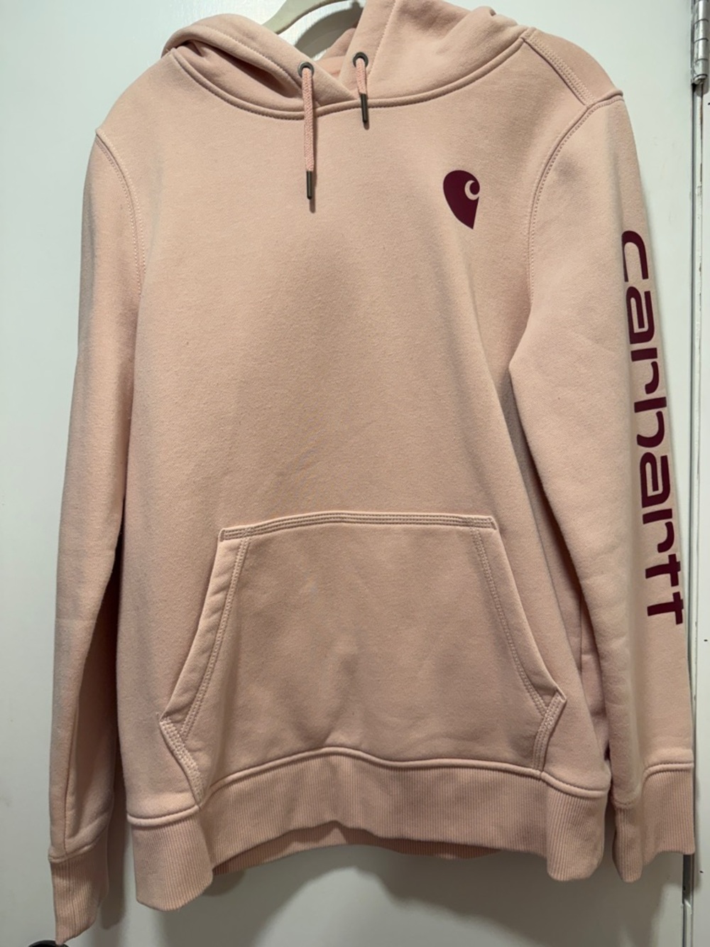 Carhartt Women's Light Pink Hoodie with Maroon Logo
